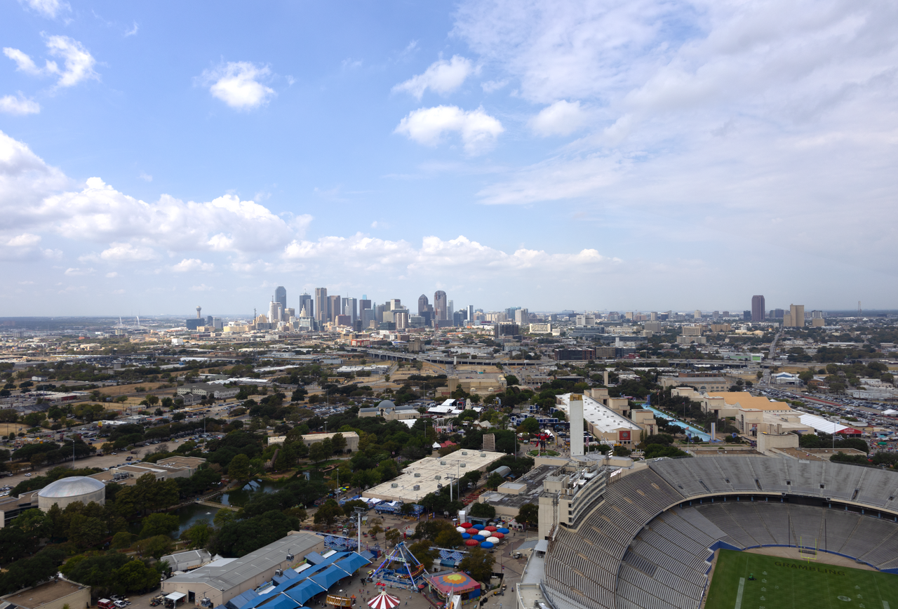 The Dallas Texas skyline as seen from the Top o' Texas Tower in Fair Park