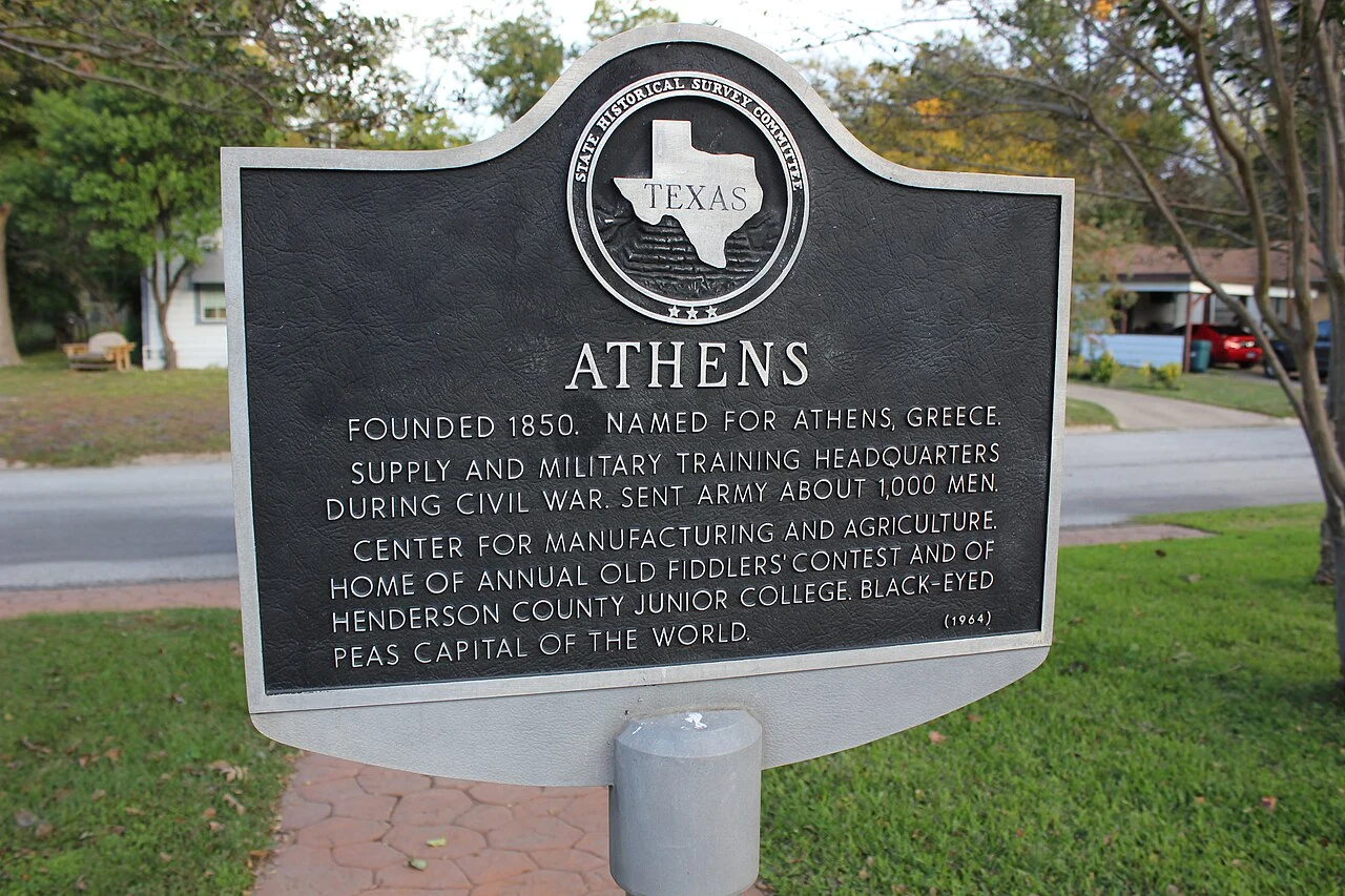 Founded 1850. Named for Athens, Greece. Supply and military training headquarters during Civil War. Sent army about 1,000 men. Center for manufacturing and agriculture. Home of annual Old Fiddlers' Contest and of Henderson County Junior College. Black-eyed peas capital of the world.