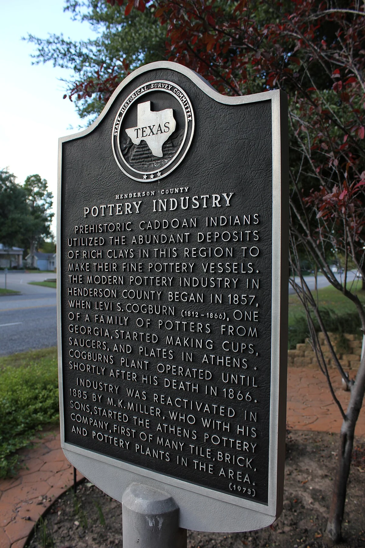 Prehistoric Caddoan Indians utilized the abundant deposits of rich clays in this region to make their fine pottery vessels. The modern pottery industry in Henderson County began in 1857, when Levi S. Cogburn (1812-1866), one of a family of potters from Georgia, started making cups, saucers, and plates in Athens. Cogburn's plant operated until shortly after his death in 1866. Industry was reactivated in 1885 by M. K. Miller, who with his sons, started the Athens Pottery Company, first of many tile, brick, and pottery plants in the area.