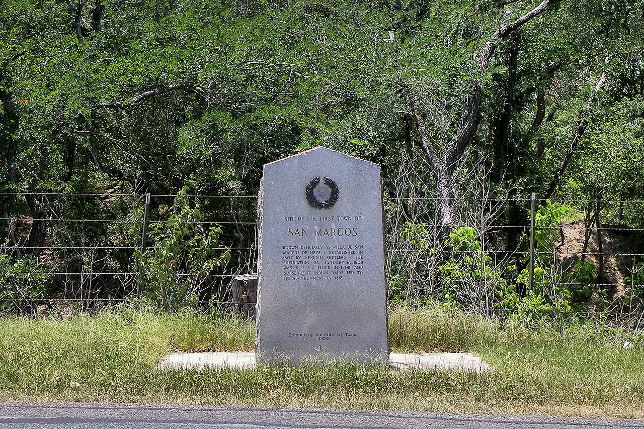 1936 Texas Centennial marker for the site of the first town of San Marcos, Texas, United States.
