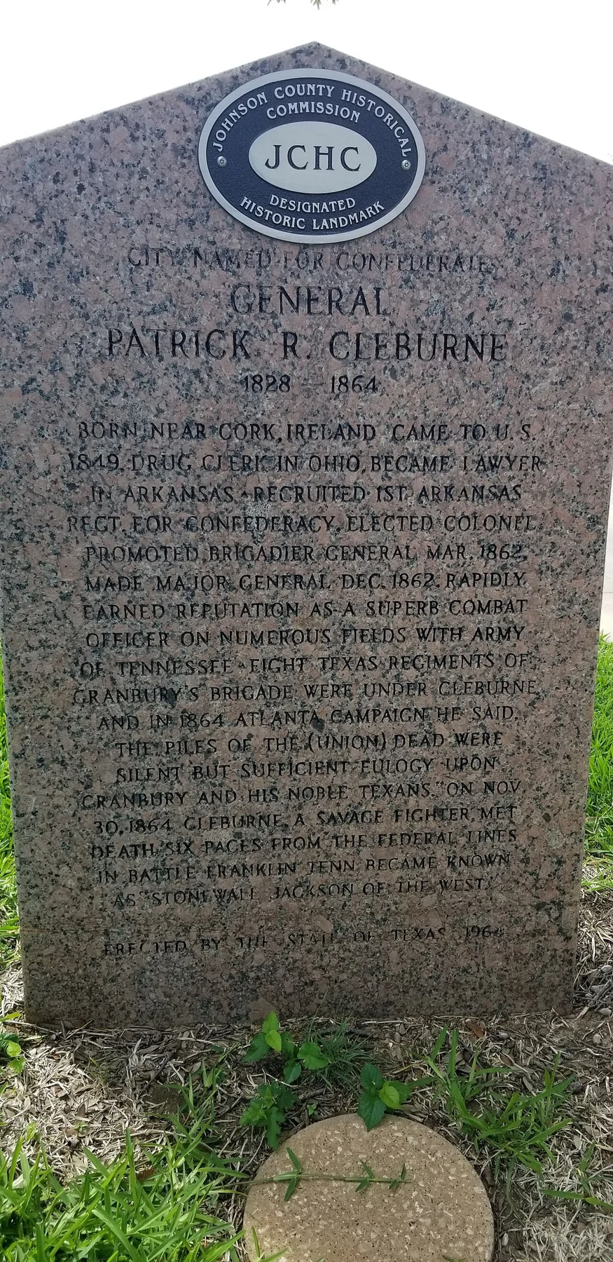 A picture of the General Patrick R. Cleburne Texas Historical Commission Marker located on the courthouse square in Cleburne, TX