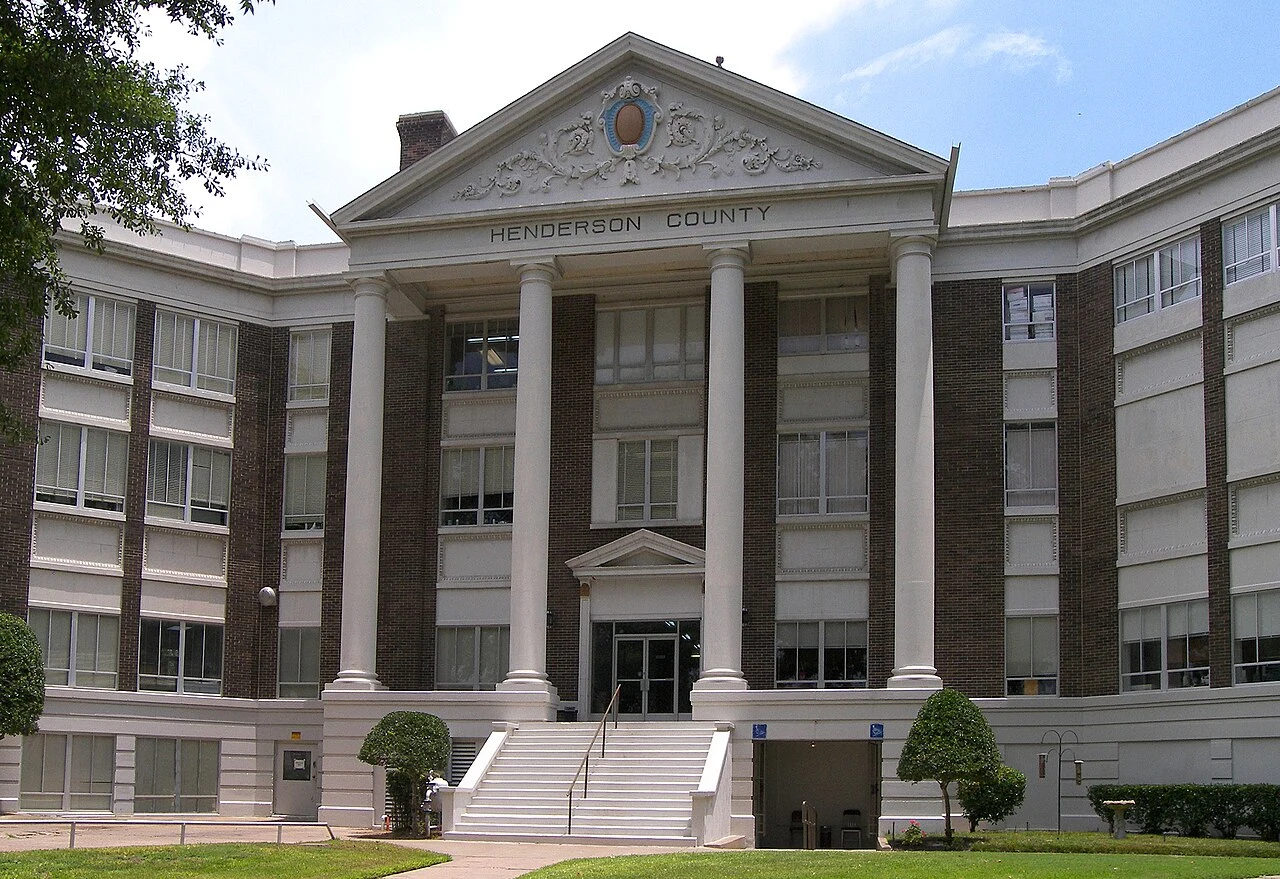 The Henderson County Courthouse in Athens, Texas, United States. The The Neoclassical style courthouse was built in 1913 and designated a Recorded Texas Historic Landmark in 2003.