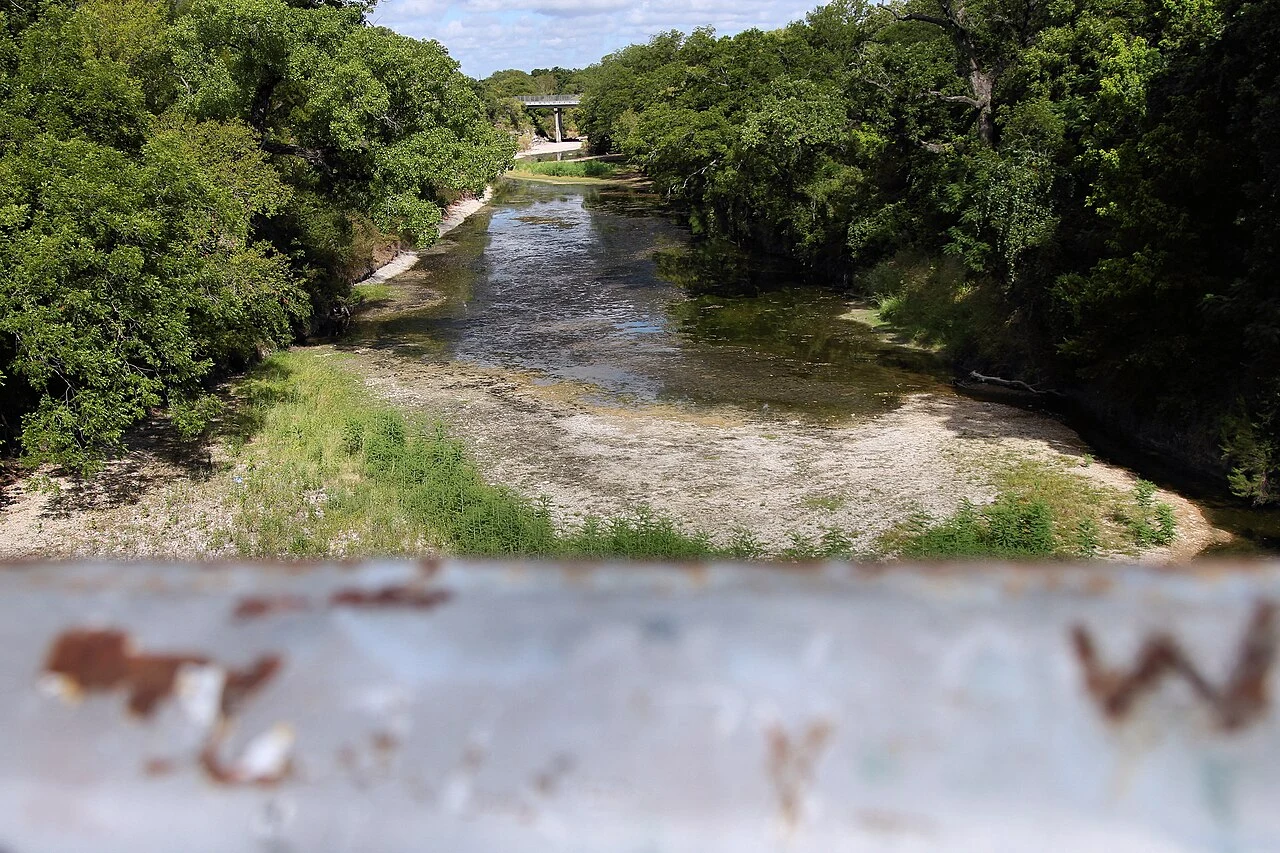 The Lampasas River bed as seen from the Maxdale Bridge in Bell County, Texas, United States.