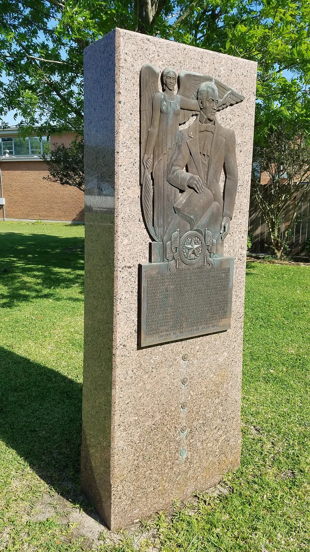 The Jackson County Monument on the grounds of the Jackson County Courthouse in Edna, Texas. Created by sculptor Raoul Josset and architects Page and Southerland for the 1936 Texas Centennial, it was listed on the National Register of Historic Places on April 19, 2018.