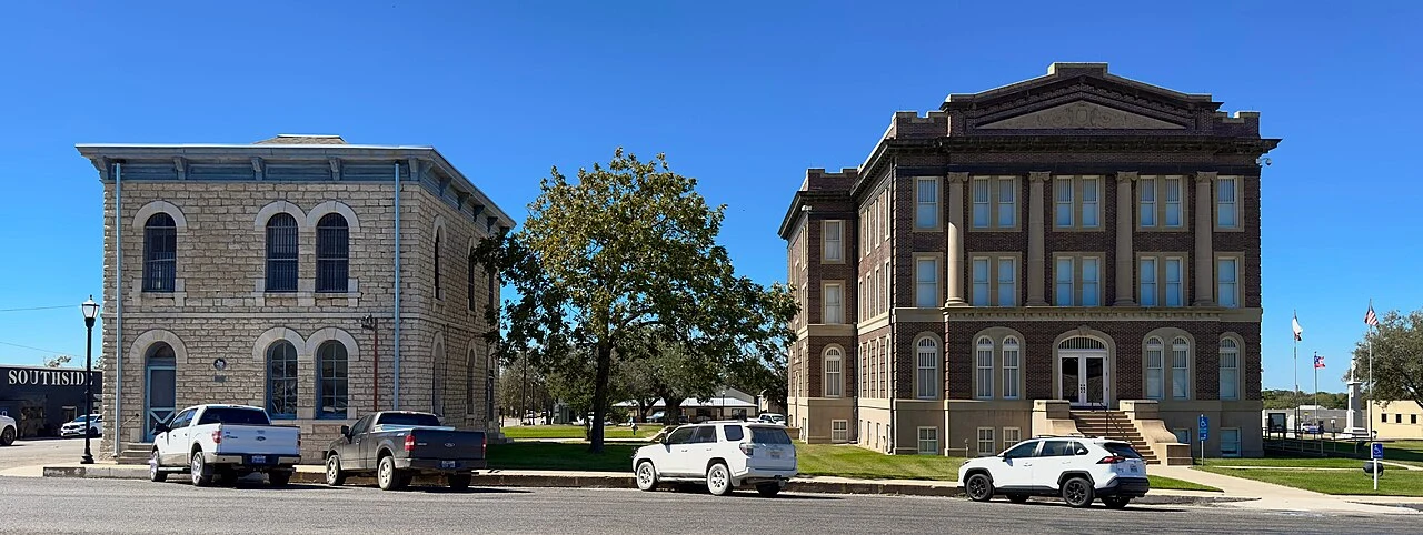 Panoramic photograph of the Mills County, Texas, courthouse and jail