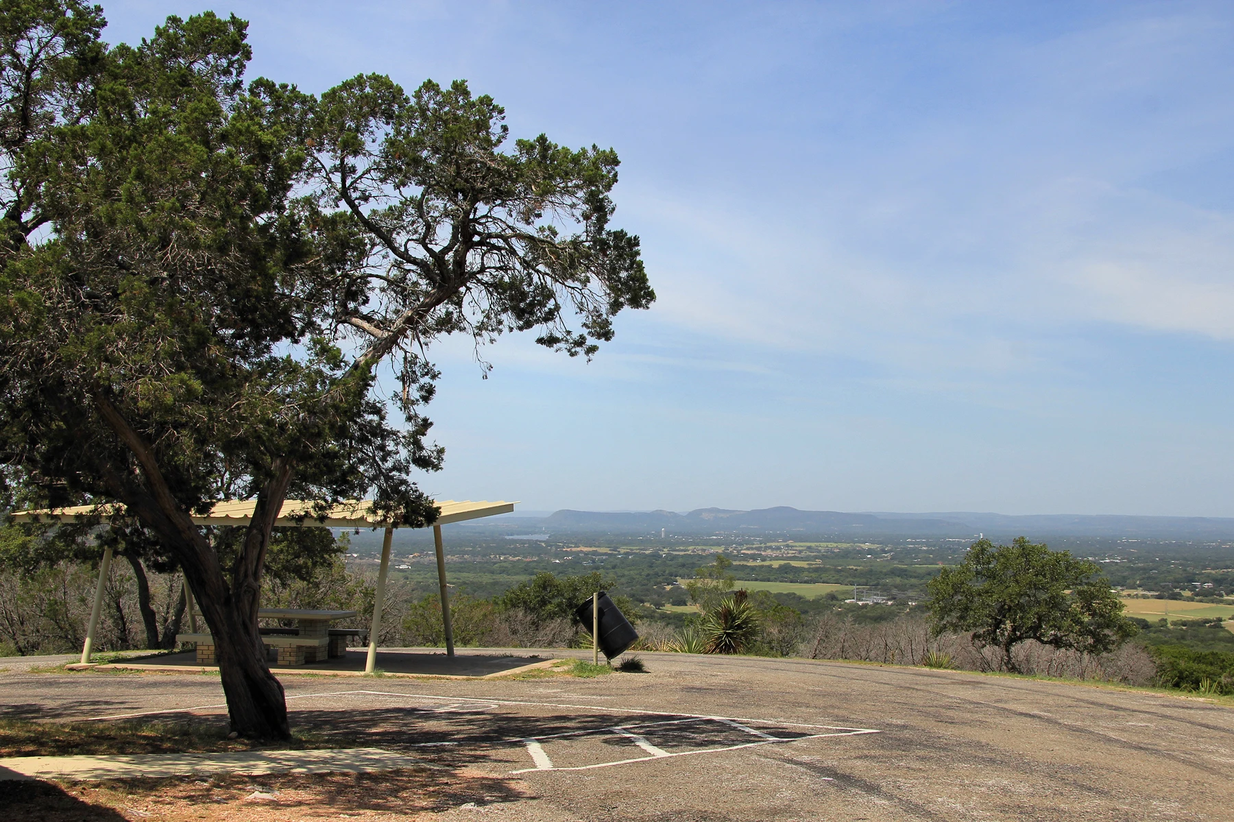 Parking overlook B off Park Road 4 in Burnet County, Texas, United States was built by the Civilian Conservation Corps between 1934 and 1942. Overlook A is overgrown and no longer used. The picnic facilities at overlook B were added later, circa 1960.