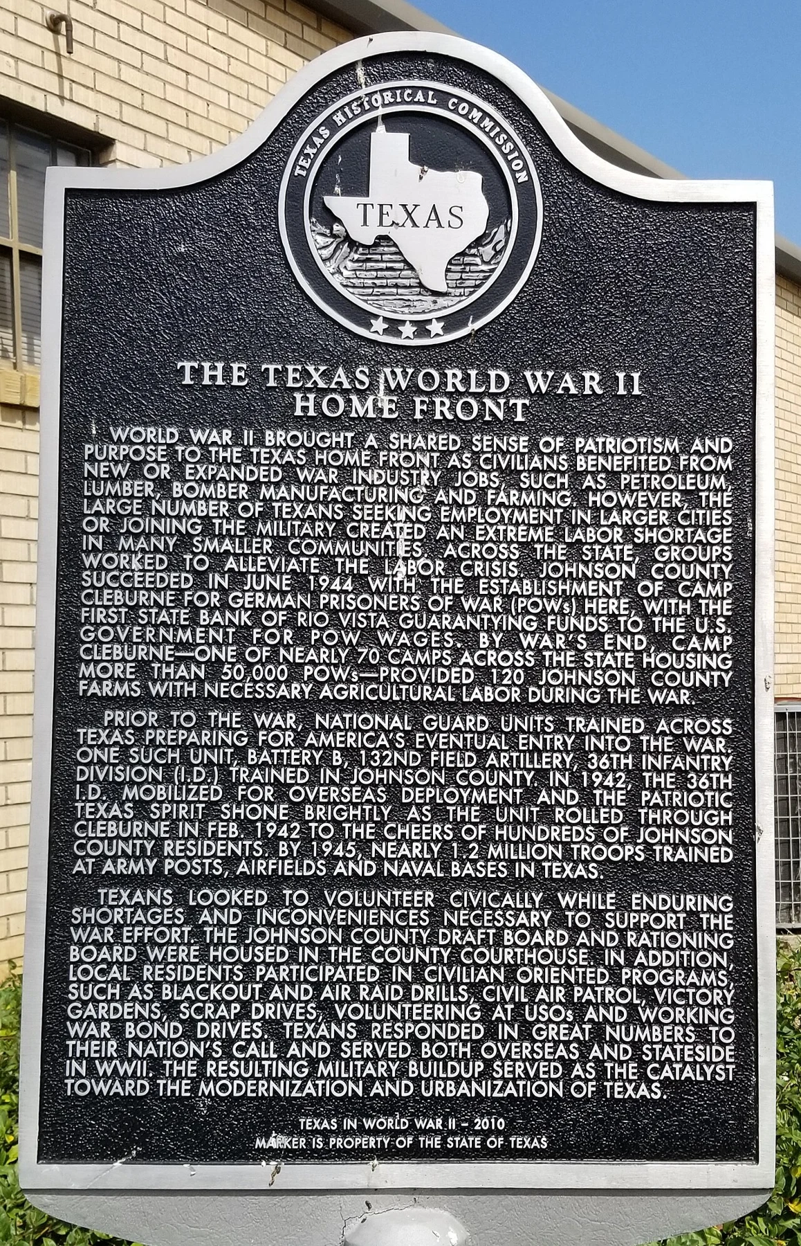 A picture of the Texas Historical Commission's "The Texas World War II Home Front" historical marker.