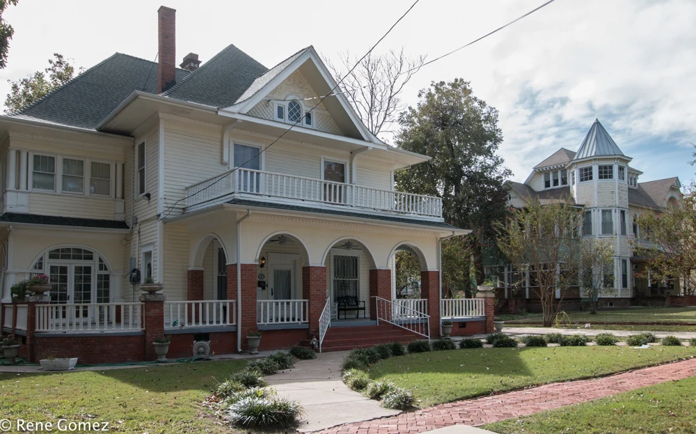 Pictured are two homes in the West Side Historic District in Corsicana, Texas. On the left is the John and Mary Cunningham House at 733 W. Third Ave. On the right is the Lemon-Edens House at 745 W. Third Ave. The Lemons-Edens House is a Recorded Texas Historic Landmark.