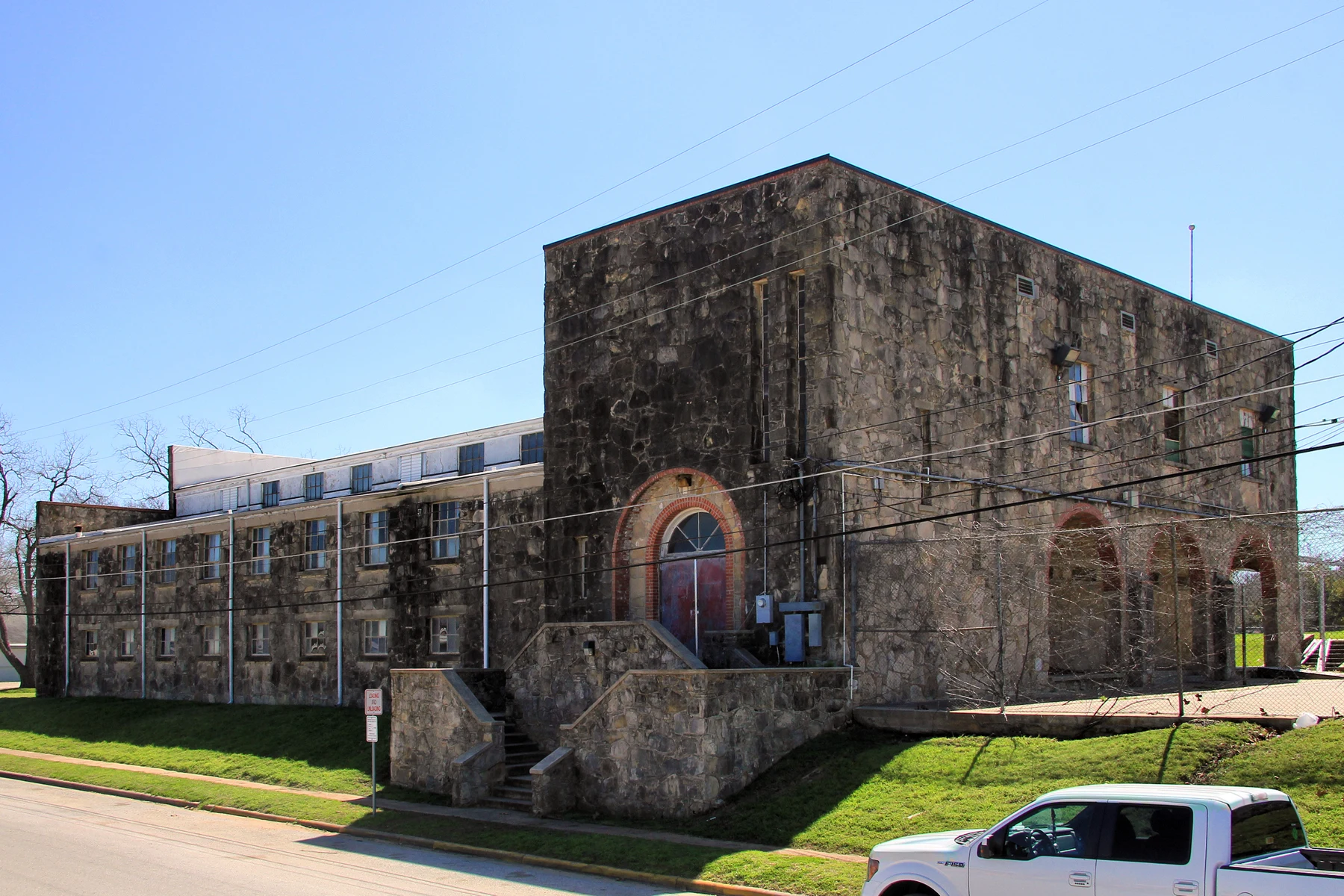 The former Brenham High School Gymnasium in Brenham, Texas, United States. The gymnasium was constructed by the Works Progress Administration (WPA) in 1939-40.