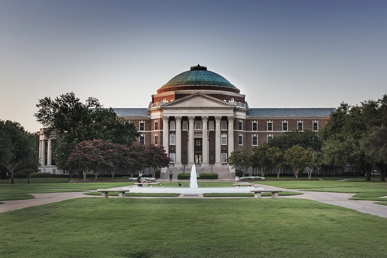 Title: Dallas Hall on the campus of Southern Methodist University, Dallas, Texas Physical description: 1 photograph : digital, tiff file, color. Notes: Gift; The Lyda Hill Foundation; 2014; (DLC/PP-2014:054).; Title, date and keywords based on information provided by the photographer.; Forms part of: Lyda Hill Texas Collection of Photographs in Carol M. Highsmith's America Project in the Carol M. Highsmith Archive.; The building, the first on the SMU campus, celebrated its 100th birthday in 2012. Its cornerstone was laid on the afternoon of Thanksgiving, Nov. 28, 1912, at a ceremony attended by prominent businesspeople, Methodist leaders and Dallas residents, whom the building's name honors. The domed building at the center of campus was modeled after the library rotunda at the University of Virginia.; Credit line: The Lyda Hill Texas Collection of Photographs in Carol M. Highsmith's America Project, Library of Congress, Prints and Photographs Division.