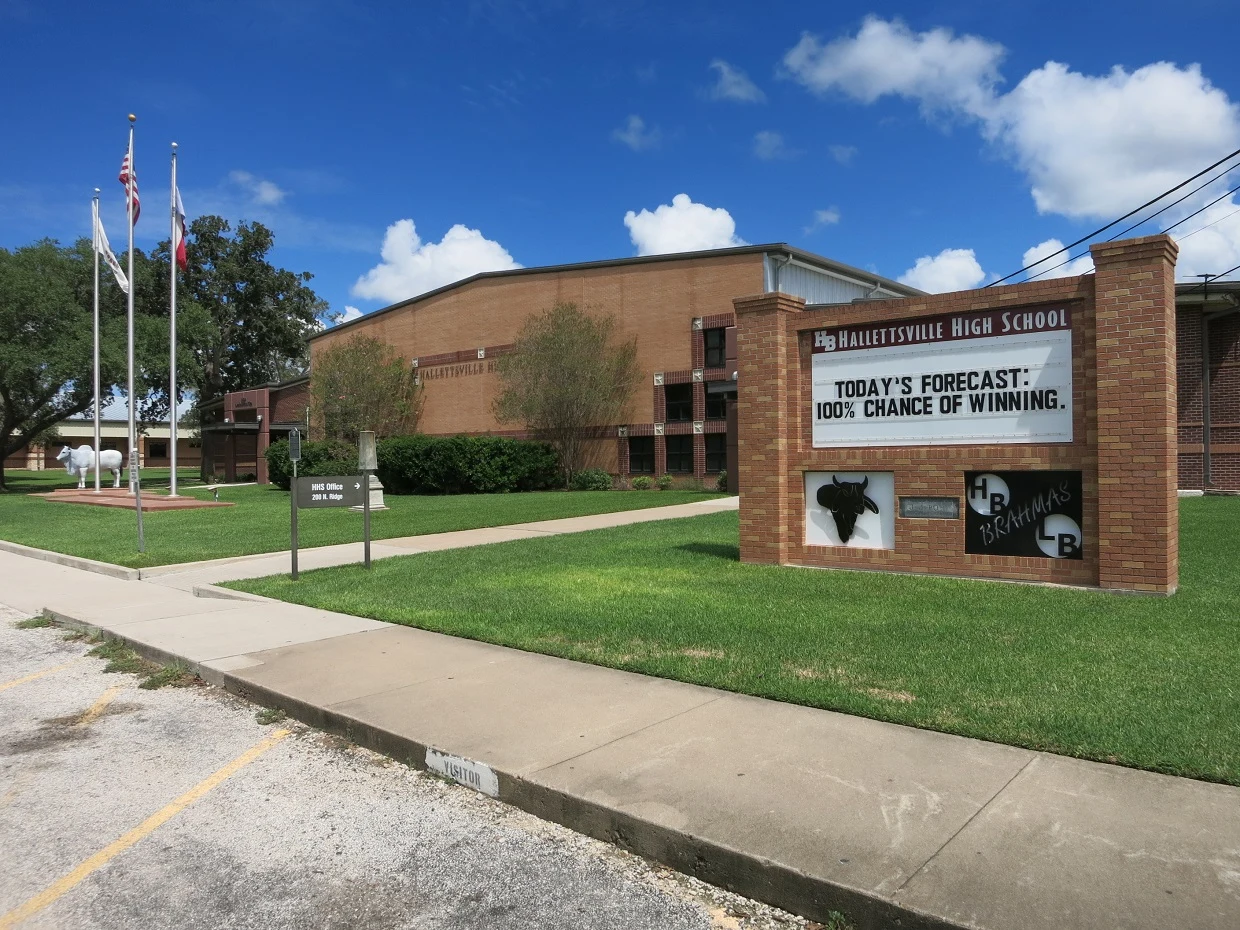 Photo shows Hallettsville High School at 200 N Ridge Street, Hallettsville, TX 77964. The view is to the northeast.