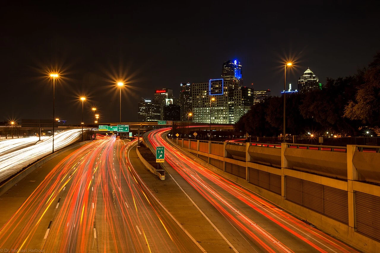 500px provided description: Time exposure on the expressway! [#Blue ,#Red ,#Night ,#City ,#Cityscape ,#Texas ,#Dallas ,#Traffic ,#Popular Tags]