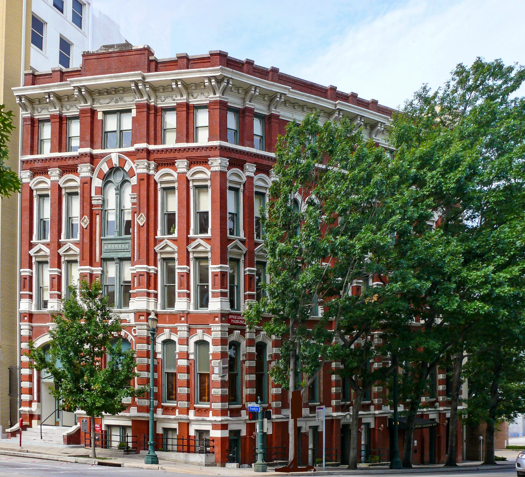 Founded in 1874 to facilitate trade in the expanding cotton market. This Victorian renaissance revival edifice, designed by Eugene T. Heiner, was built in 1884-85 by contractors Max Kosse and James S. Lucas. The exchange room and galleries were situated on the second and third floors, and the first floor contained offices and the exclusive "Houston Club." The basement housed a plush saloon. The structure was remodeled and the fourth floor added in 1907. The exchange vacated the premises in 1924. The building was restored in 1973.