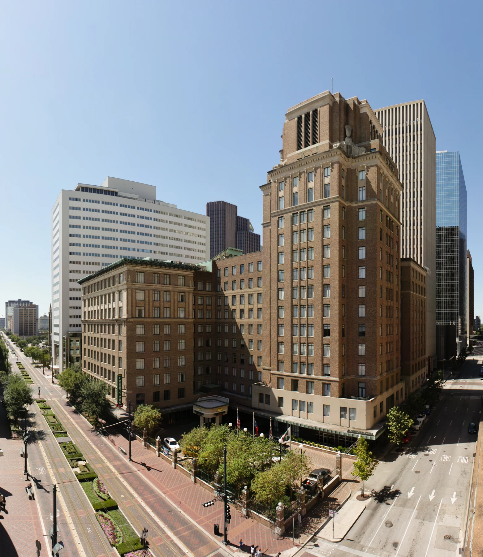 A twenty segment panorama of the Humble Oil Building at the corner of Main Street and Dallas Street in Houston, Texas.