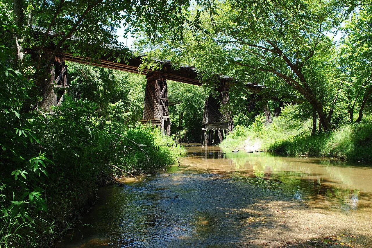 Union-Pacific Railroad Trestle over Caney Creek, New Caney, Texas 1306271303 Yesterday, the official temperature in Houston exceeded 100 degrees F by a bit. It was a Saturday so there were a lot of people on the streets and in the stores nearby. But nearby also is a place I've been to often, a place still within the sound of planes, trains and automobiles, and the songs of birds and cicadas. It's a place where a brief drive, a short walk, passing under a highway bridge and an old railroad trestle, lead one to a sparkling creek, with water running over a sand and gravel bottom. It's a place where one can take off one's shoes and wade to a sand bar and sit in the sun or in the shadow of river birches. It's a place cooled by the shade of those trees and that rippling water. It's a place where one is in the company of minnows and butterflies and dragonflies and bluejays and cardinals and crows and hawks and... And, who knows, if one is lucky, a train might pass. After all, the chance of photographing a train on the old trestle is one of the excuses that one has used for coming to this place for a few years now.