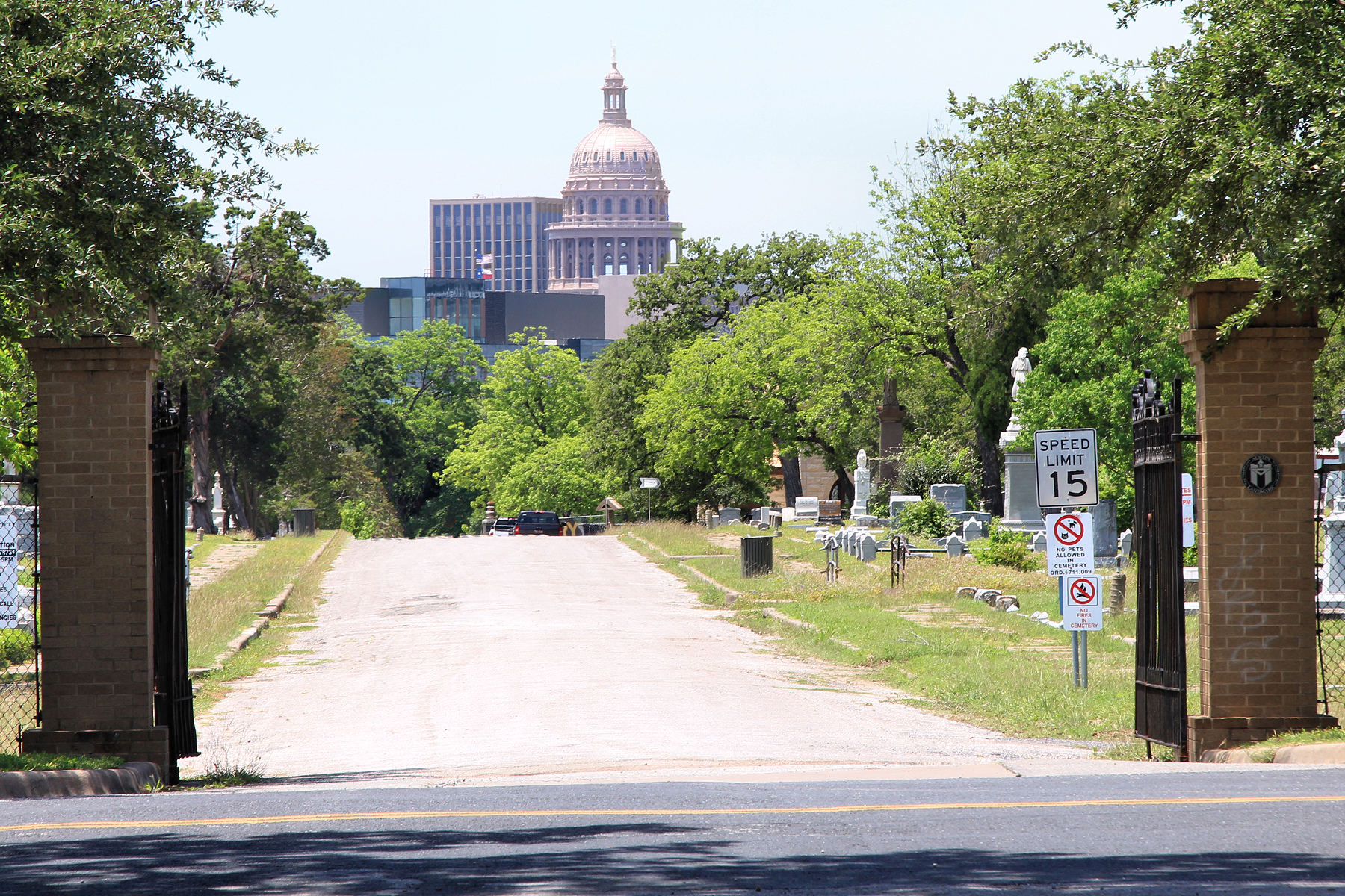 The Comal Street entrance to the Oakwood Cemetery in Austin, Texas, United States. The cemetery became a Recorded Texas Historic Landmark in 1972 and was listed on the National Register of Historic Places on September 17, 1985.