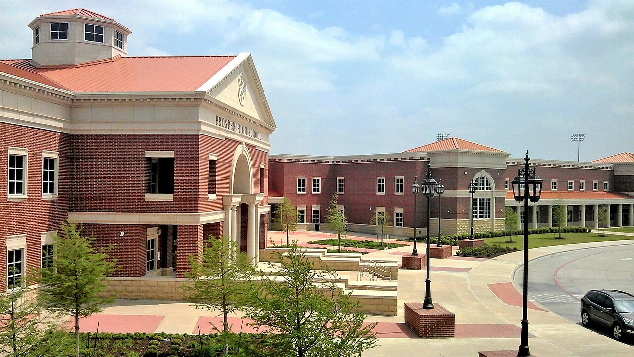 Built in 2009, this version of Prosper High School remains the most expensive high school building in the state of Texas. Prosper Independent School District is located in western Collin County, with a small portion of it extending into Denton County. In addition to the Town of Prosper, the district serves small parts of McKinney, Frisco and Celina.