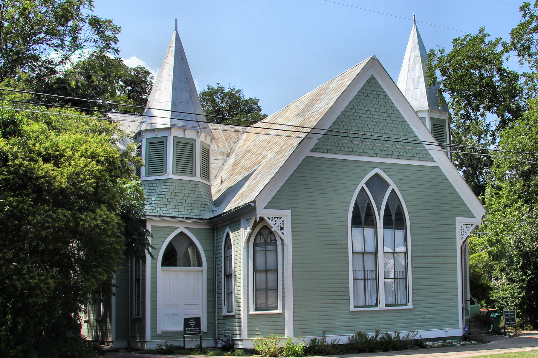 Former Fort Street Presbyterian Church in San Marcos, Texas, United States. The building has been converted to businesses. The building was listed on The National Register of Historic Places on March 23, 1984 and designated a Recorded Texas Historic Landmark in 2001.