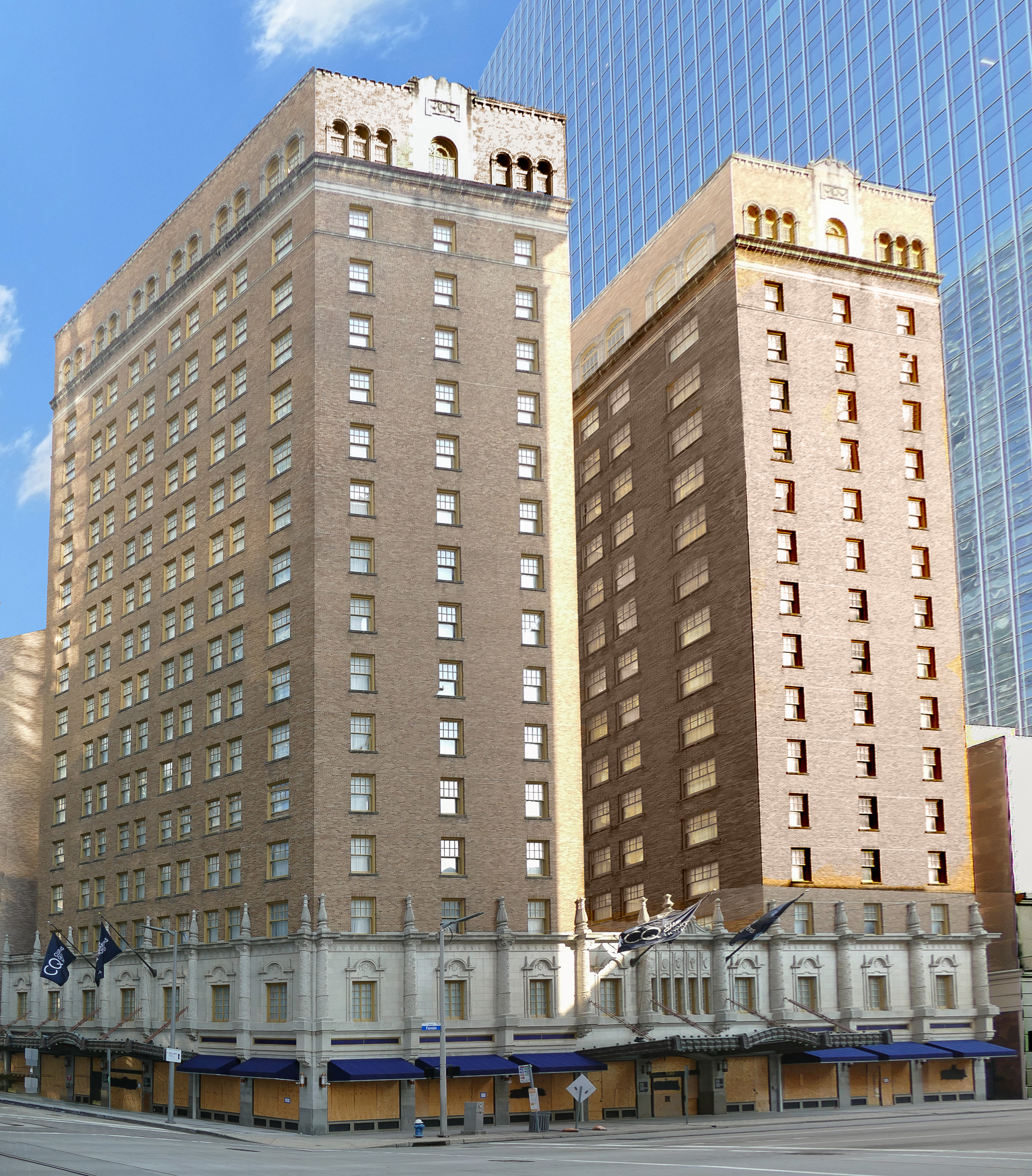 The 1928-29 Texas Slate Hotel, one of Houston's early twentieth century skyscrapers, is an example of the Spanish Plateresque style made popular through a major city planning effort that was never fully adopted. The building was designed as the "San Jacinto Hotel" by noted Houston architect Joseph Finger for the Miller Investment Company, but was purchased before completion by prominent businessman and philanthropist Jesse H. Jones. When Jesse Jones purchased the hotel in January of 1929 and although the exterior was complete, the rooms had never been furnished and it is assumed the hotel never opened. The hotel opened as the 'Texas State Hotel" in the spring of 1929. The building is in the National Register of Historic Places with its significance as an important example of the early twentieth century Spanish Plateresque revival style of architecture and as a work of architect Joseph Finger. Serves as the Club Quarters Hotel today (2020)